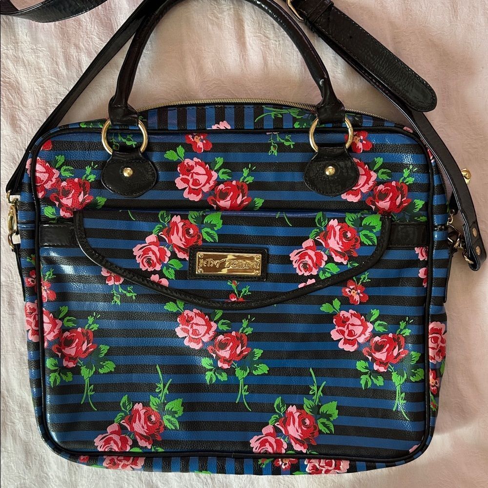 Betsy Johnson Laptop Bag Crossbody Roses Stripes